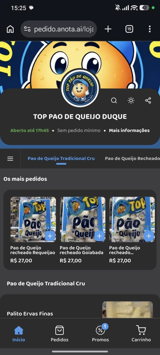 Tela inicial do cardápio digital da Top Pão de Queijo Duque