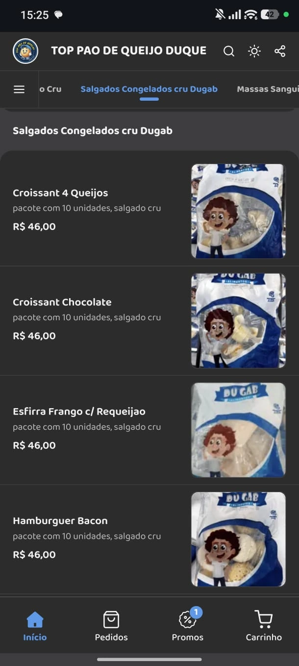 Produtos no cardápio digital da Top Pão de Queijo Duque