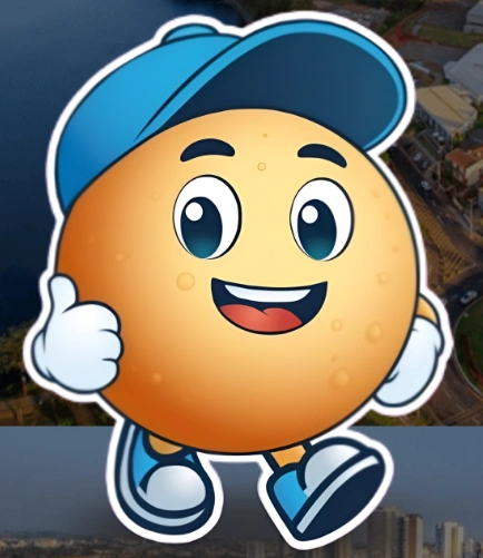 Mascote original da Top Pão de Queijo, sorrindo e fazendo sinal positivo