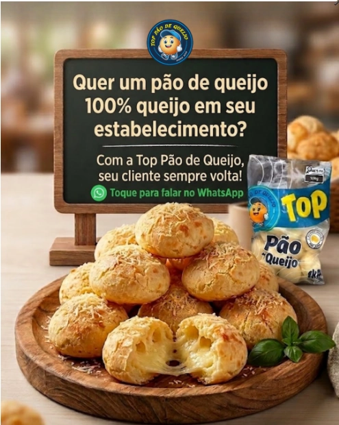 Quer um pão de queijo 100% queijo em seu estabelecimento? Divulgação da Top Pão de Queijo. Toque para falar no WhatsApp.